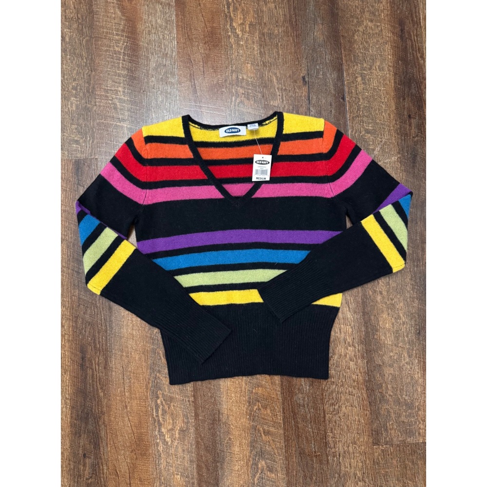 Vintage Y2K Old Navy 100% Lambswool Rainbow Striped Sweater NWT Size Medium